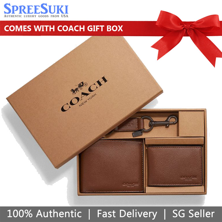 Coach Men Men Wallet In Gift Box Compact Id Sport Calf Gift Dark Saddle Brown # F64118