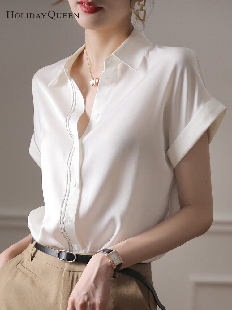 HOLIDAYQUEEN White Silk Shirt Women's Summer Short-sleeved Loose Mulberry Silk Top High-end Big-name Temperament High-end White Shirt Women HQ1536