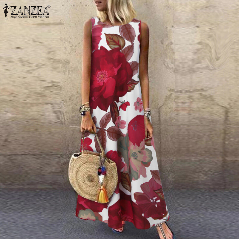 ZANZEA Women Summer Sleeveless Floral Printed Long Dress Holiday Maxi Tank Sundress