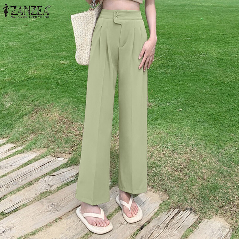 ZANZEA Korean Style Women High Waist Solid Casual Outing Loose Long Suit Pants Trousers