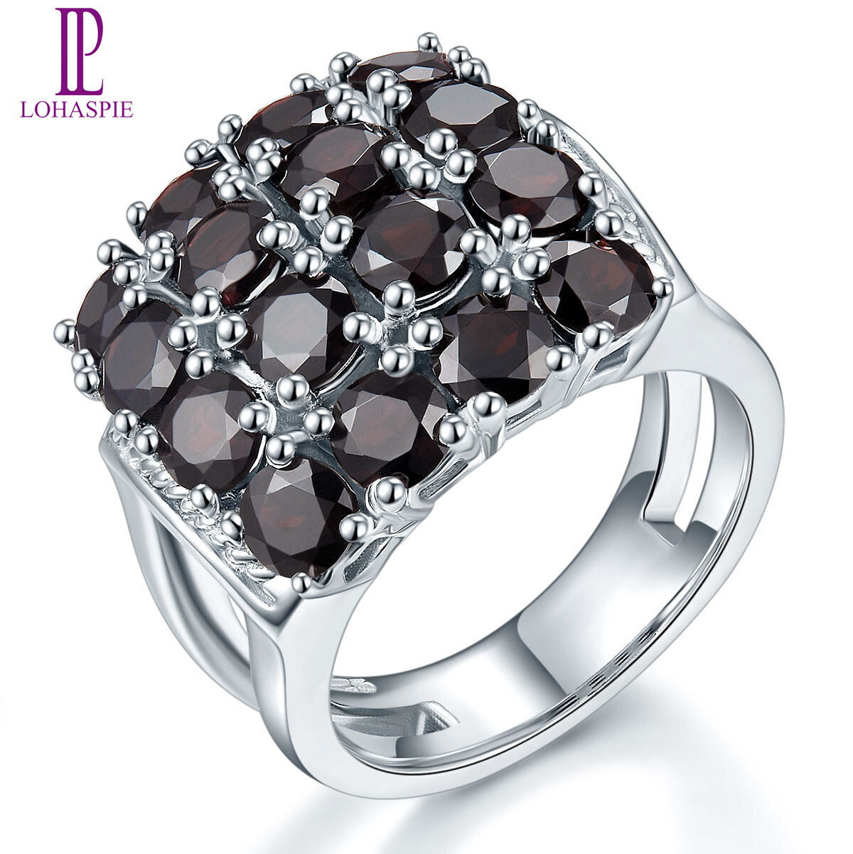Engagement Rings for Women Gift Natural Black Garnet 925 Sterling Silver Cluster Gemstone Party