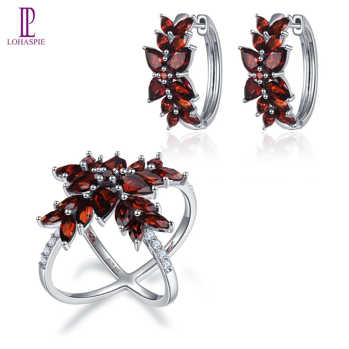 Jewelry Sets Genuine Red Garnet Cluster Earrings Ring Silver 925 Original Design Red Gemstone Fine Elegant Crystal Jewelry for Women Engagement Anniversary Gift